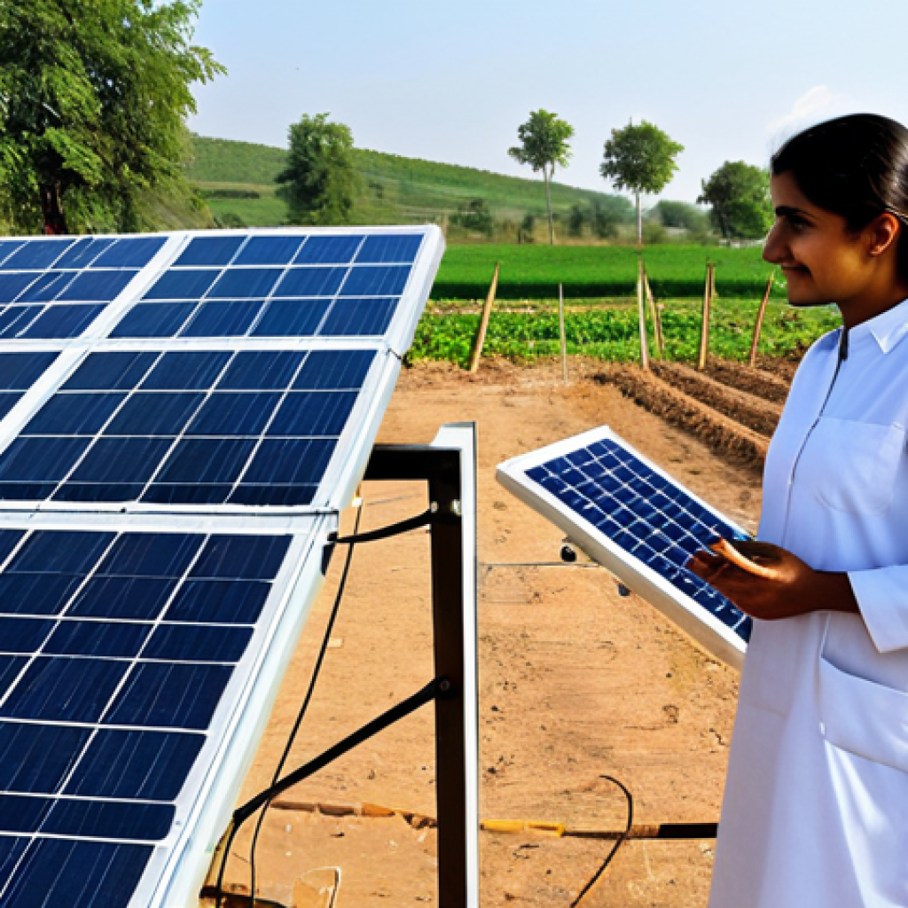 **
"A Pakistani female engineer in appropriate work attire, like a shalwar kameez and lab coat, inspecting a solar panel array in a rural village, fully clothed, safe for work, demonstrating renewable energy, perfect anatomy, correct proportions, professional photography, natural pose, high quality, appropriate content, family-friendly, bright sunny day."
**