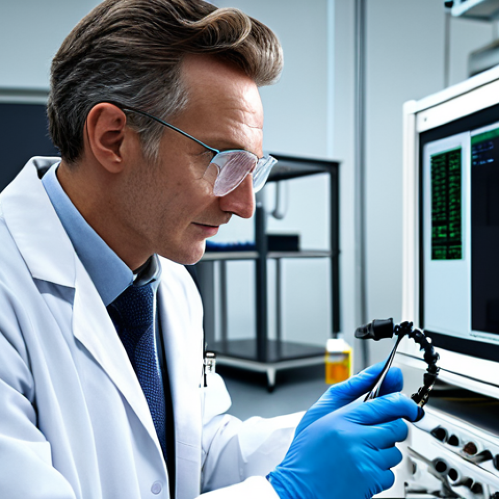 물리학자 연봉의 지역별 차이 - **"A physicist in a fully clothed professional lab coat, working with complex equipment in a modern ...