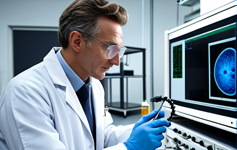 물리학자 연봉의 지역별 차이 - **"A physicist in a fully clothed professional lab coat, working with complex equipment in a modern ...