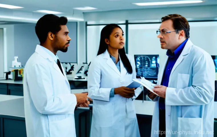 물리학 연구실에서의 갈등 해결 - **Prompt:** A group of diverse scientists, men and women of various ethnicities, are in a brightly l...